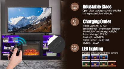 TV Stand Electric Fireplace TV Stand With Glass Shelves, 3D Fireplace TV Stand With LED Lights Wood With USB Charging Outlet Modern Television Table Center For TV Up To 32-62 Black 58Wx15.4Dx24.4