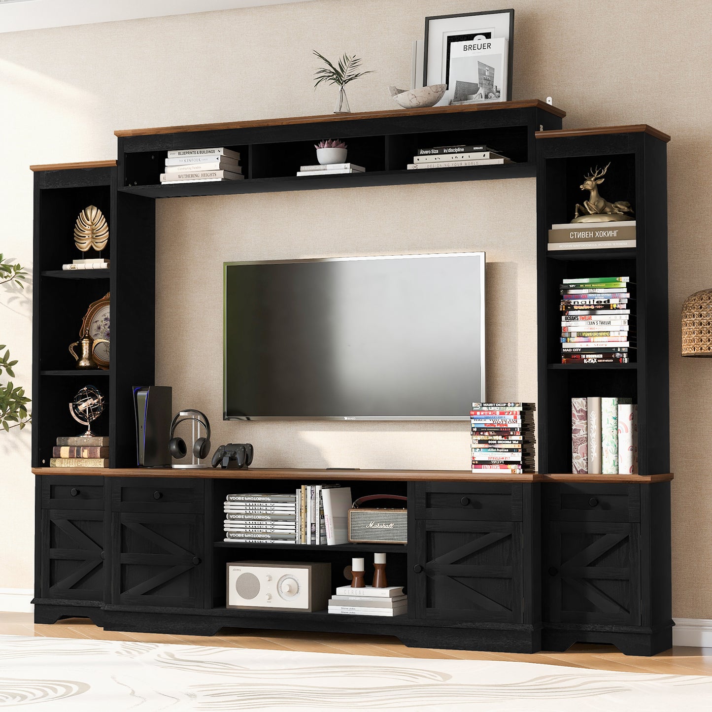 U-Can 98.8 W Wall Unit Entertainment Center With Bookshelves For TVs Up To 80, Modern TV Stand Media Console With Cabinets And Adjustable Shelves For Living Room