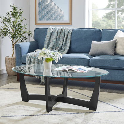 48 Inch Oval Glass Coffee Table, Black Round Coffee Table Center Table With Glass Top, Small Coffee Table For Living Room, Office And Apartment