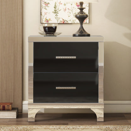 Elegant High Gloss Nightstand With Metal Handle,Mirrored Bedside Table With 2 Drawers For Bedroom,Living Room,Black