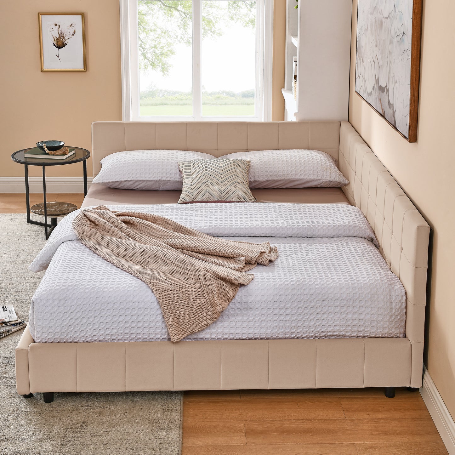 Queen Size Upholstered Tufted Bed Frame, Sofa Bed Frame With Comfortable Backrest And Armrests, Queen Size Bed For Bedroom, Living Room,Velvet, Pink 85.5x64.5x30.5