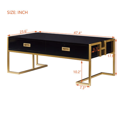 Modern Black Rectangular Coffee Table With 4 Drawers And Gold Base In 47.3
