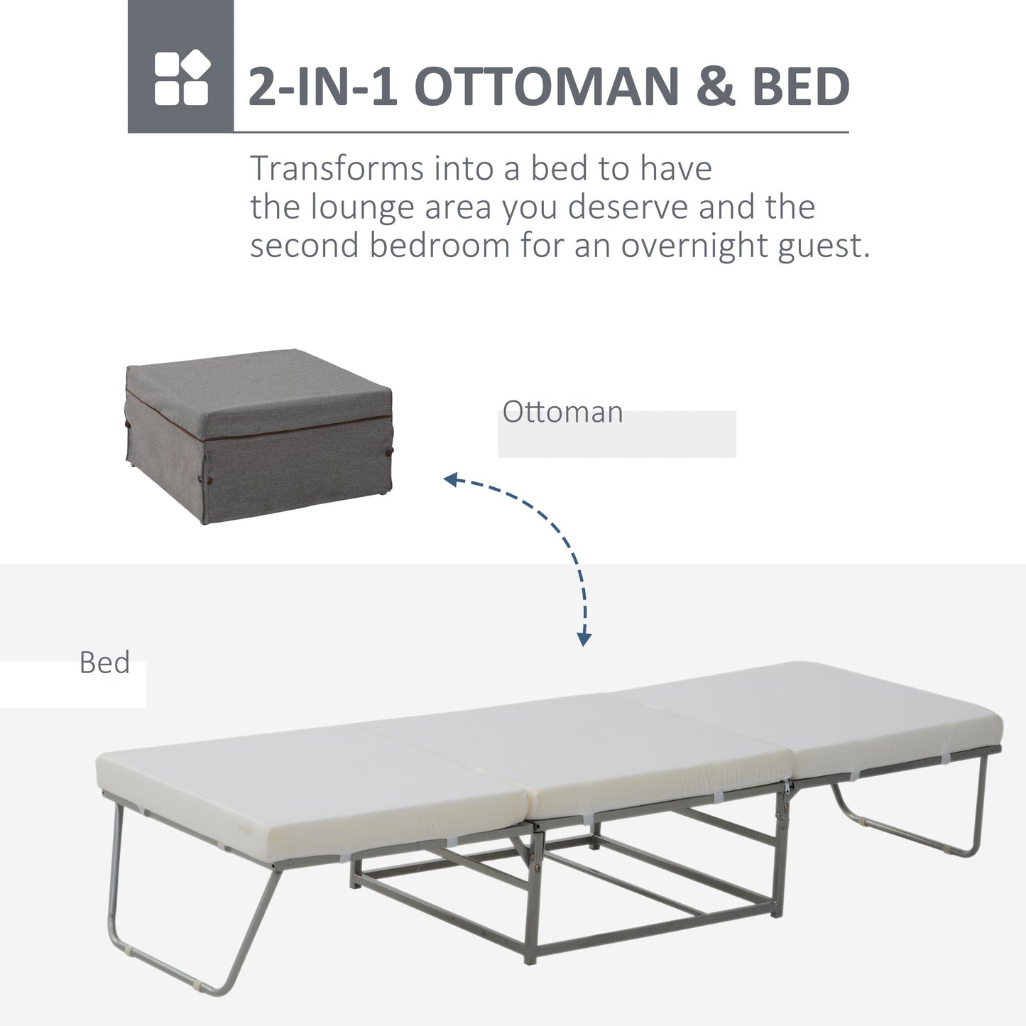 Convertible Ottoman, Guest Sleeper Bed, Gray