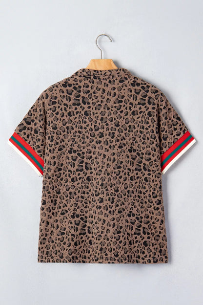 Leopard Jacquard Striped Patchwork Half Zip Short Sleeve Blouse