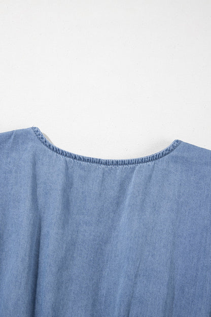 Ruffled Hem Smocked Flutter Sleeve Denim Mini Dress
