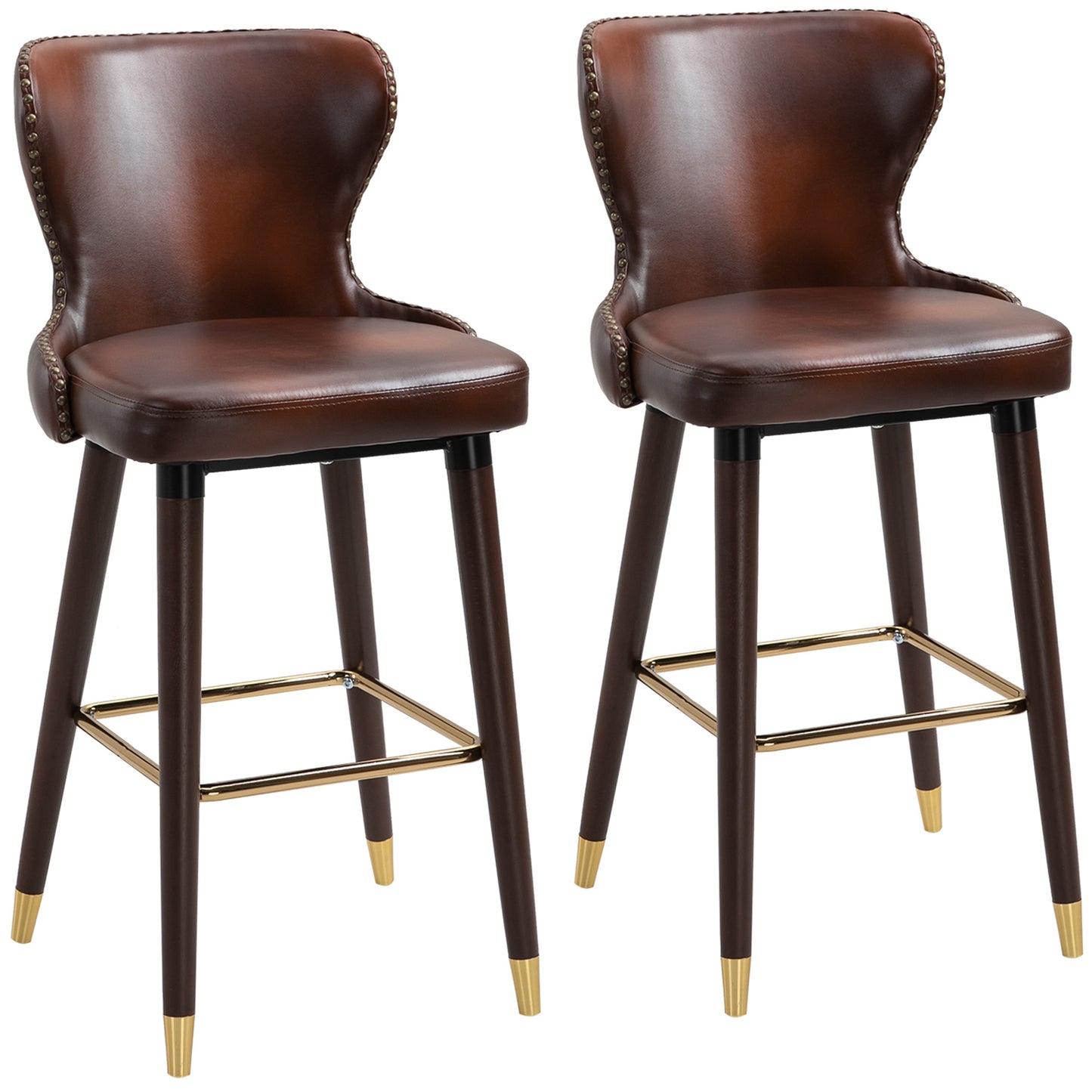 Bar Stools Set Of 2, PU Leather Barstools With Back, Footrest And Wood Legs For Kitchen, Counter, Breakfast Bar, Brown