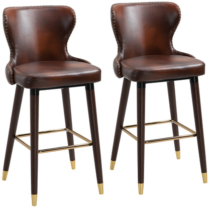 Bar Stools Set Of 2, PU Leather Barstools With Back, Footrest And Wood Legs For Kitchen, Counter, Breakfast Bar, Brown