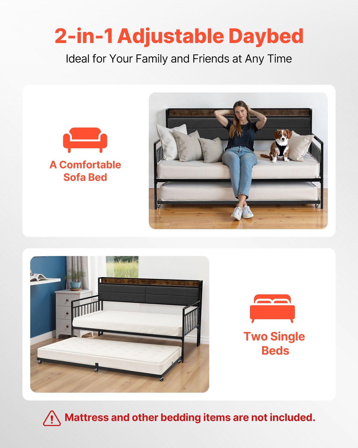 Twin Size Daybed Frame, Day Bed With Trundle, Heavy Duty Metal Platform Bed Frame With Charging Station, Twin Daybed With Metal Slats Support For Living Room, Bedroom, Guest Room, Easy Assembly