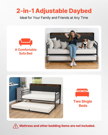 Twin Size Daybed Frame, Day Bed With Trundle, Heavy Duty Metal Platform Bed Frame With Charging Station, Twin Daybed With Metal Slats Support For Living Room, Bedroom, Guest Room, Easy Assembly