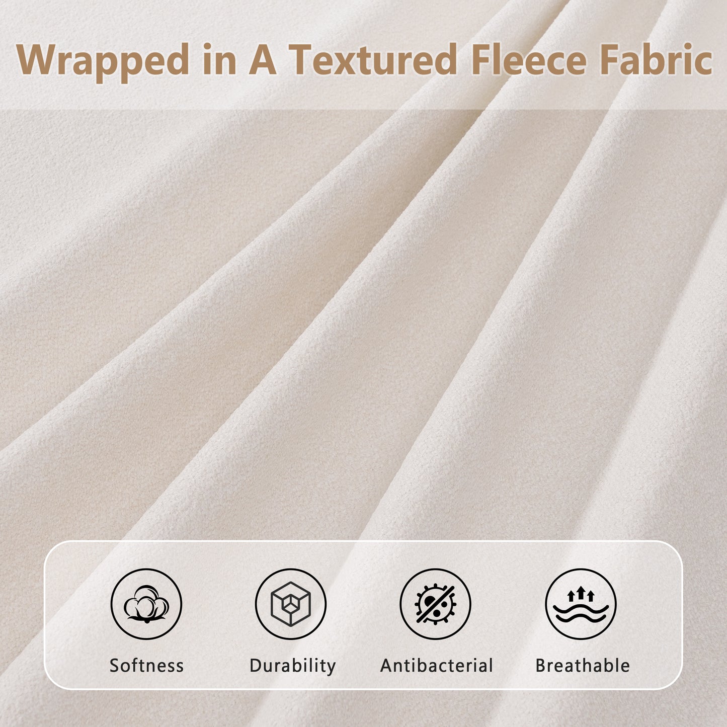 King Size Solid Wood Bed Frame With Fleece Upholstered Headboard, Ivory