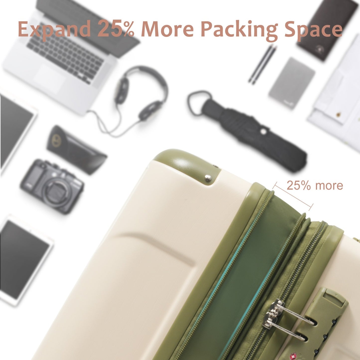 Luggage Sets 3 Piece, Expandable Hard Shell ABS Suitcases With Double Spinner, Travel Luggage Set With TSA Lock 20-24-28inch, White Green