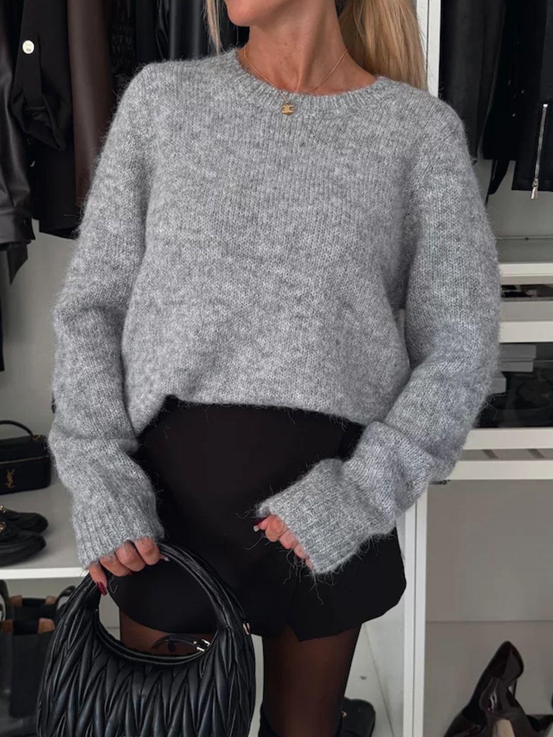 Back To School Sweater - Bow Slit Back Round Neck Sweater