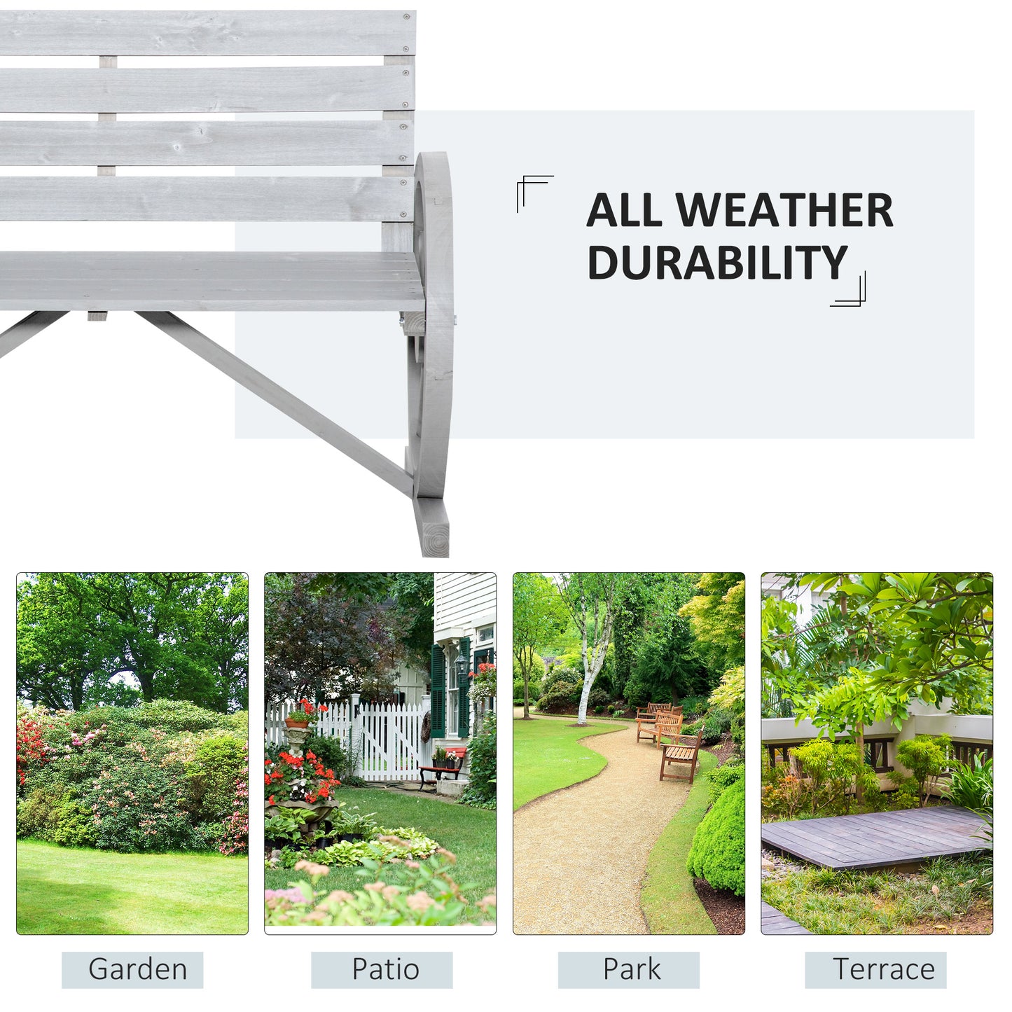41" Wooden Wagon Wheel Bench, Rustic Outdoor Patio Weather Resistance Furniture, 2-Person Slatted Seat Bench with Backrest, Light Gray