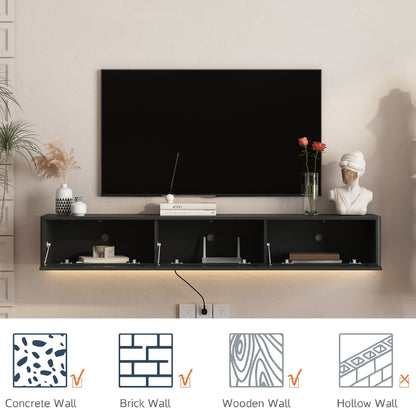 Floating TV Stand, Wall Mounted TV Shelf With Led Lights & Power Outlet,High Gloss TV Cabinet For Black Tv Stands For Living Room