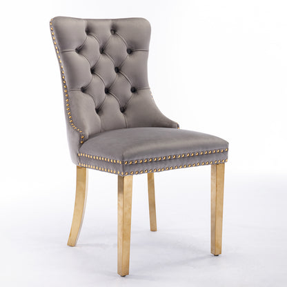 Nikki Collection Modern, High-end Tufted Solid Wood Contemporary Velvet Upholstered Dining Chair With Golden Stainless Steel Plating Legs,Nailhead Trim,Set Of 2,Gray And Gold, SW1601GY