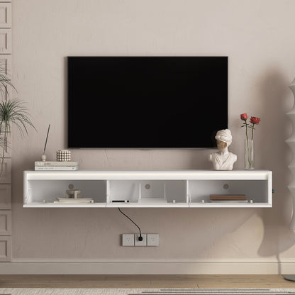 Floating TV Stand, Wall Mounted TV Shelf With Led Lights & Power Outlet,High Gloss TV Cabinet For White Tv Stands For Living Room