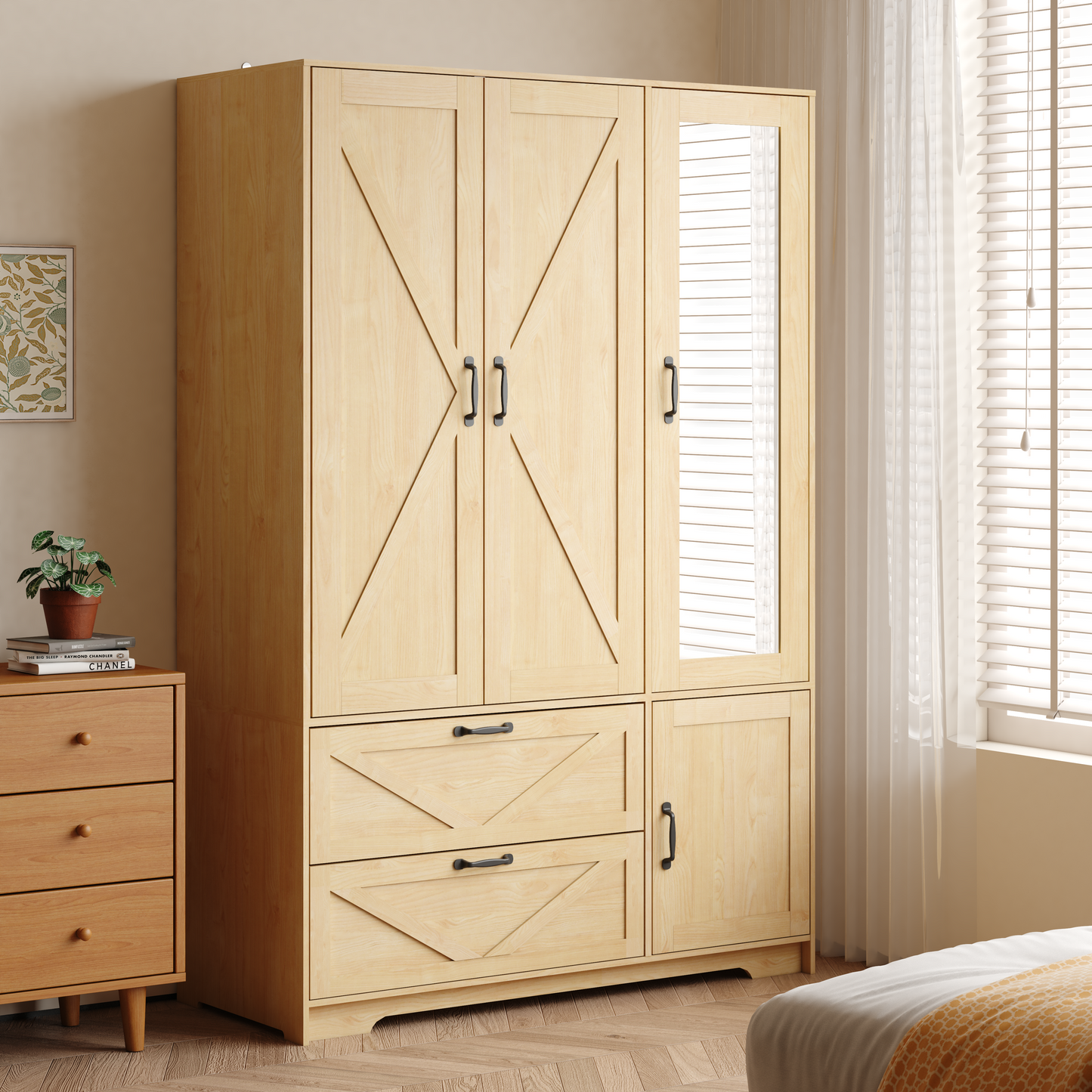 4 Doors Wardrobe Closet With Mirror, LED Wardrobe With Doors And 2 Drawers, Wooden Wardrobe Storage Cabinet With Hanging Rod, Adjustable Shelves, Natural