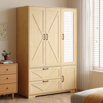 4 Doors Wardrobe Closet With Mirror, LED Wardrobe With Doors And 2 Drawers, Wooden Wardrobe Storage Cabinet With Hanging Rod, Adjustable Shelves, Natural