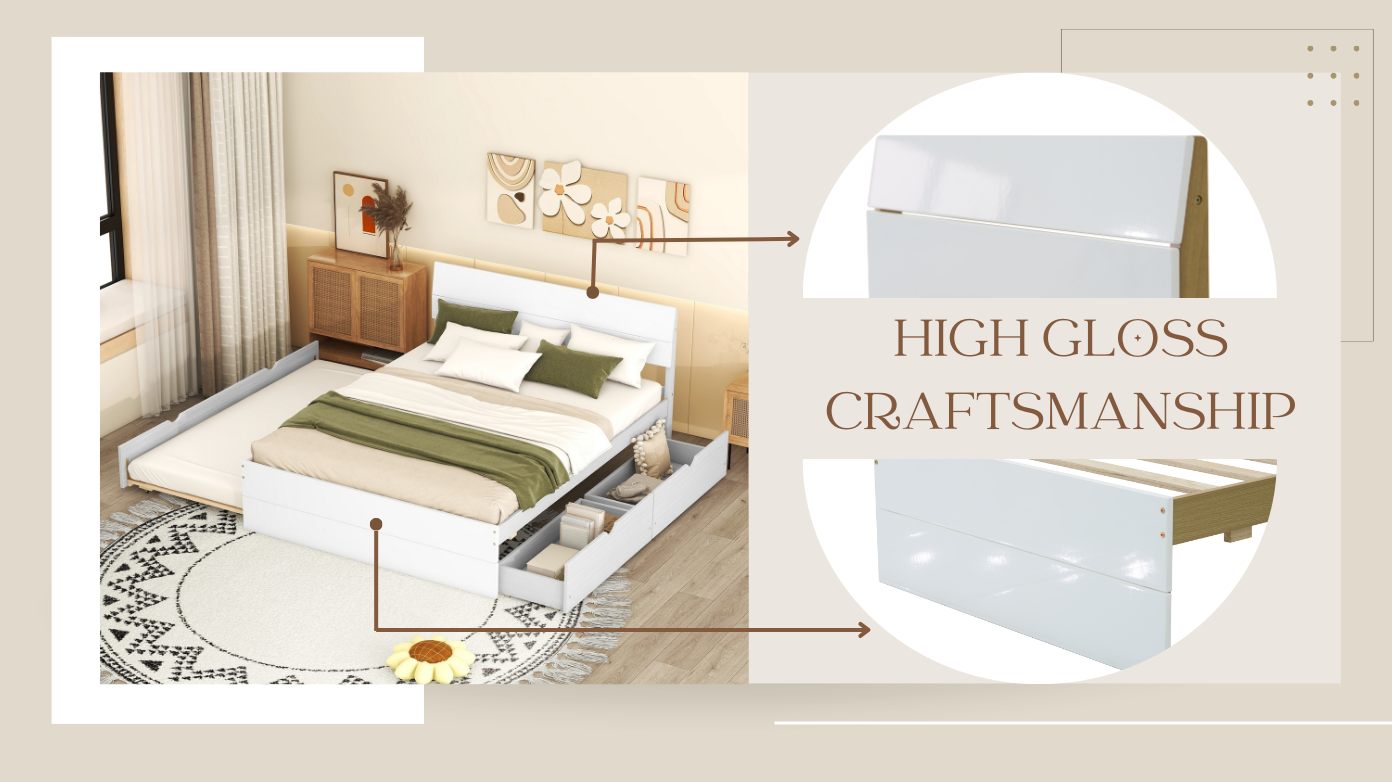 Modern Full Bed Frame With Twin Size Trundle And 2 Drawers For White High Gloss And Washed White Color