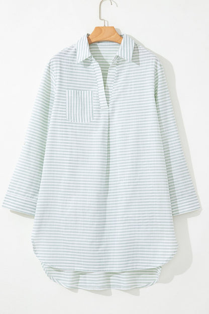 Striped Johnny Collar Long Sleeve Mini Shirt Dress