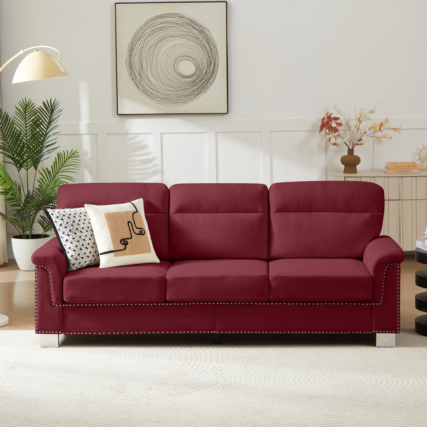 82 Modern Compressed Snowfleece Fabric 3-Seater Sofa, For Living Room, Bedroom, Office & Entertainment Spaces, Burgundy