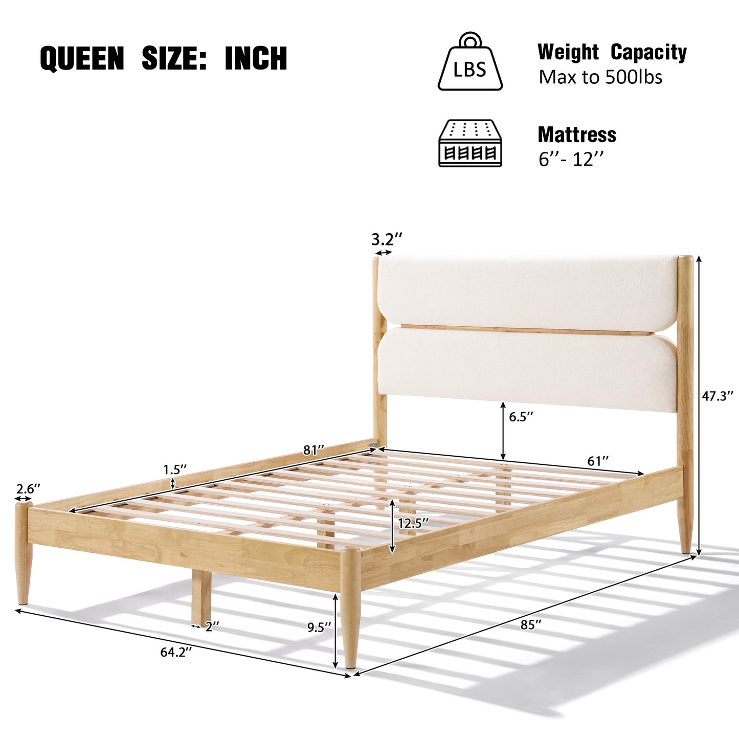 Queen Size Solid Wood Bed Frame With Fleece Upholstered Headboard, Ivory