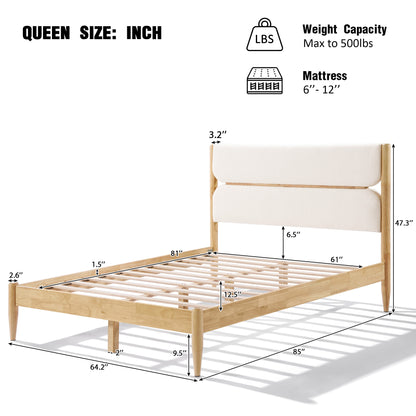Queen Size Solid Wood Bed Frame With Fleece Upholstered Headboard, Ivory