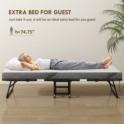 Folding Bed with Mattress for Adults, Single Size, Portable Foldable Bed with Memory Foam Mattress & Steel Frame, White