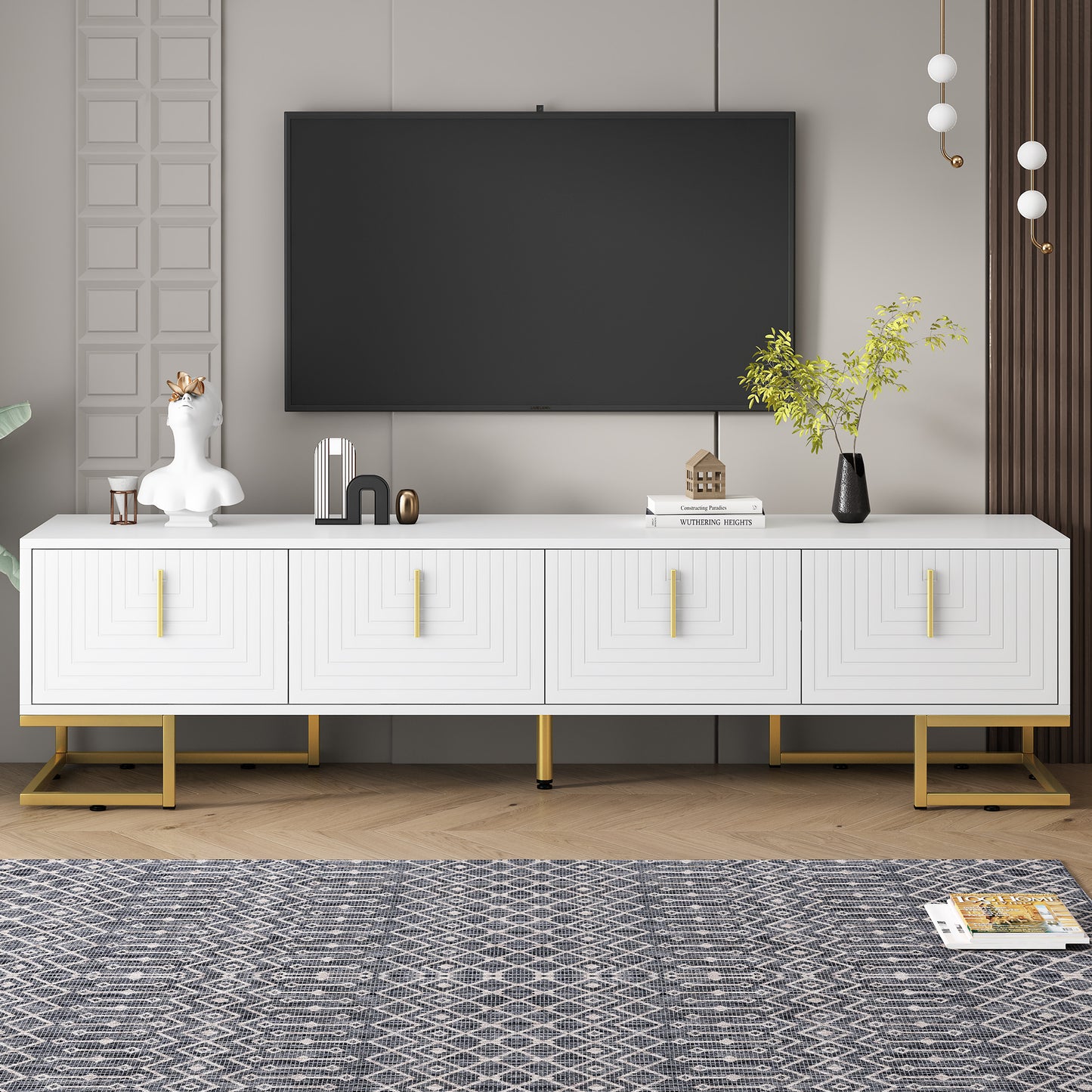 ON-TREND Modern TV Stand With Metal Legs And Gold Handles For TVs Up To 80'', Media Console Table With Cabinets And Adjustable Shelves, Luxury TV Cabinet With Geometric Lines For Living Room, White