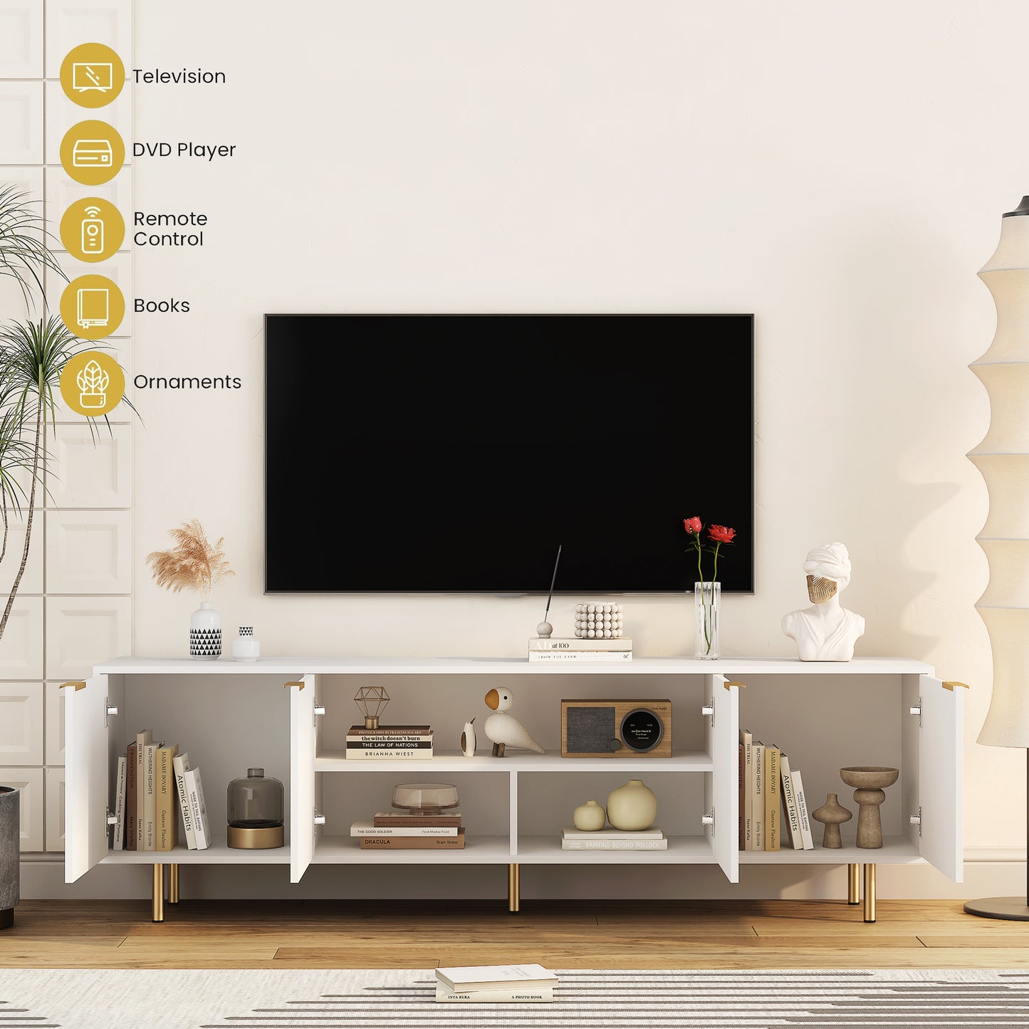 White Modern TV Stand Fluted T, Entertainment Center With Storage Doors, TV Console Media Cabinet, For 55 Inch TV, Living Room