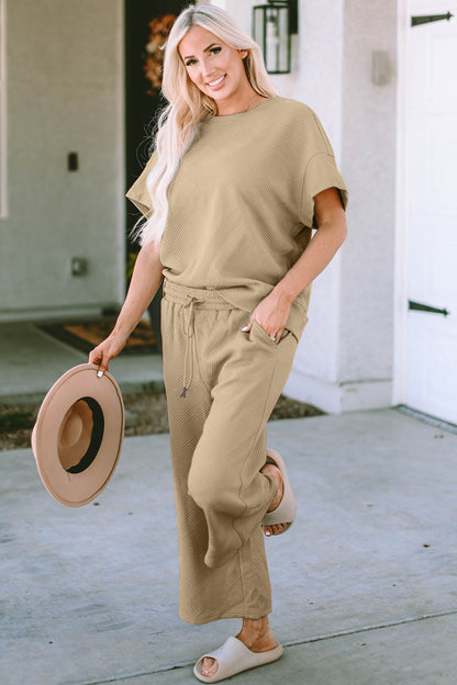 Textured Drawstring Waistband Pants and Top Set