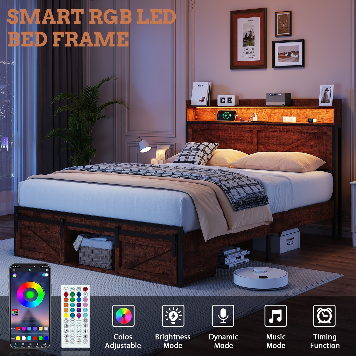 Queen-size Bed Frame With Storage Headboard, Footboard Storage Compartments And LED Lighting, Equipped With Anti-slip & Noise-free Mattress-support Metal Platform And Robust Metal Slat Support, Brown