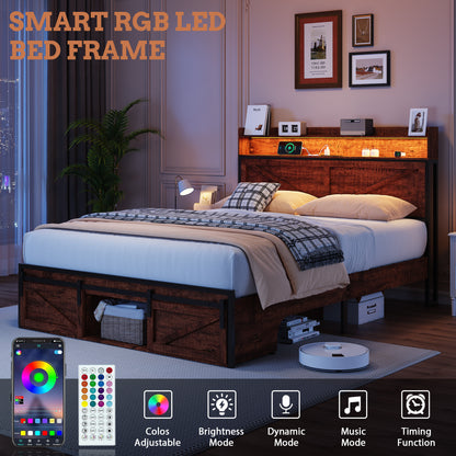 Queen-size Bed Frame With Storage Headboard, Footboard Storage Compartments And LED Lighting, Equipped With Anti-slip & Noise-free Mattress-support Metal Platform And Robust Metal Slat Support, Brown