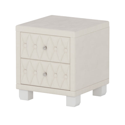 Elegant Velvet Nightstand With 2 Drawers And Crystal Handle, Storage Bedside Table With Button-Tufted, Beige