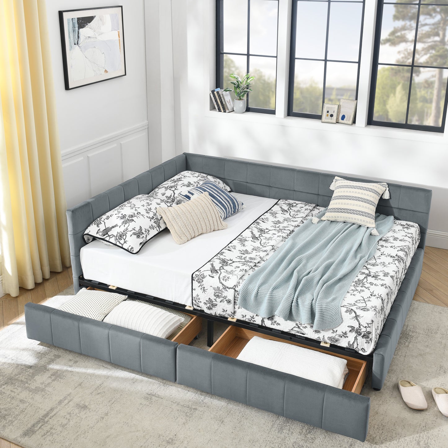 Queen Size Storage Upholstered Tufted Bed Frame, Sofa Bed Frame With Comfortable Backrest And Armrests,Queen Size Bed For Bedroom, Living Room,Velvet, Grey 85.5x64.5x29.5