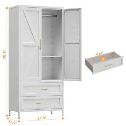 METAN Metal Wardrobe Closet With Doors,Armoire Wardrobe Closet With 2 Drawers For Bedroom,Assembly Required,White