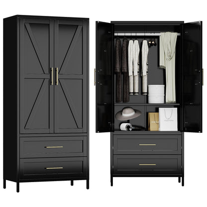 METAN Metal Wardrobe Closet With Doors,Armoire Wardrobe Closet With 2 Drawers For Bedroom,Assembly Required,Black