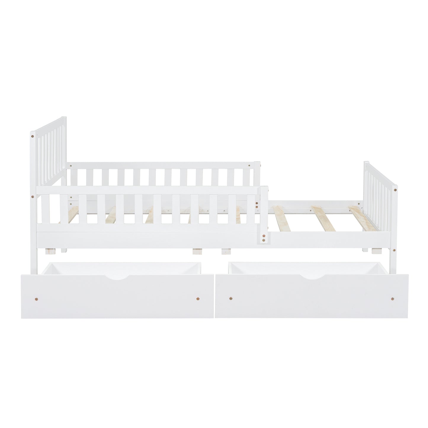 Twin Size Wood Platform Bed With Guardrails On Both Sides And Two Storage Drawers ,White