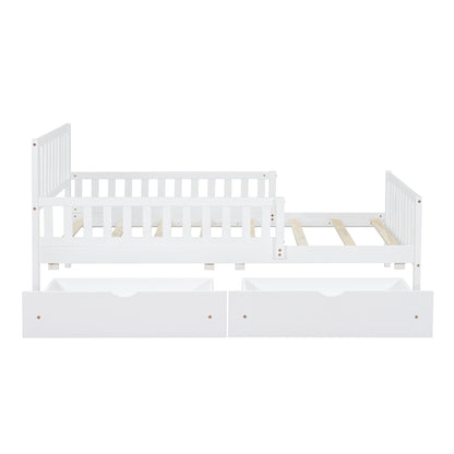 Twin Size Wood Platform Bed With Guardrails On Both Sides And Two Storage Drawers ,White