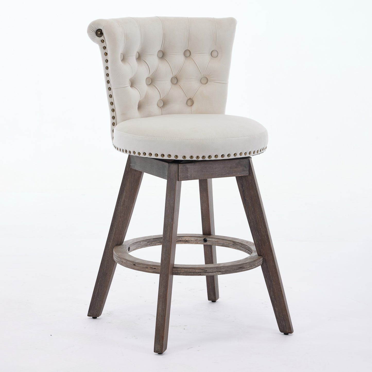 26 Counter Height Bar Stools Set Of 2, 360 Swivel Stools With Back  Hand - Tufted Button - Trimmed Edges, Upholstered Velvet Kitchen Counter Stools On Wood Legs,Beige,SW1868BG