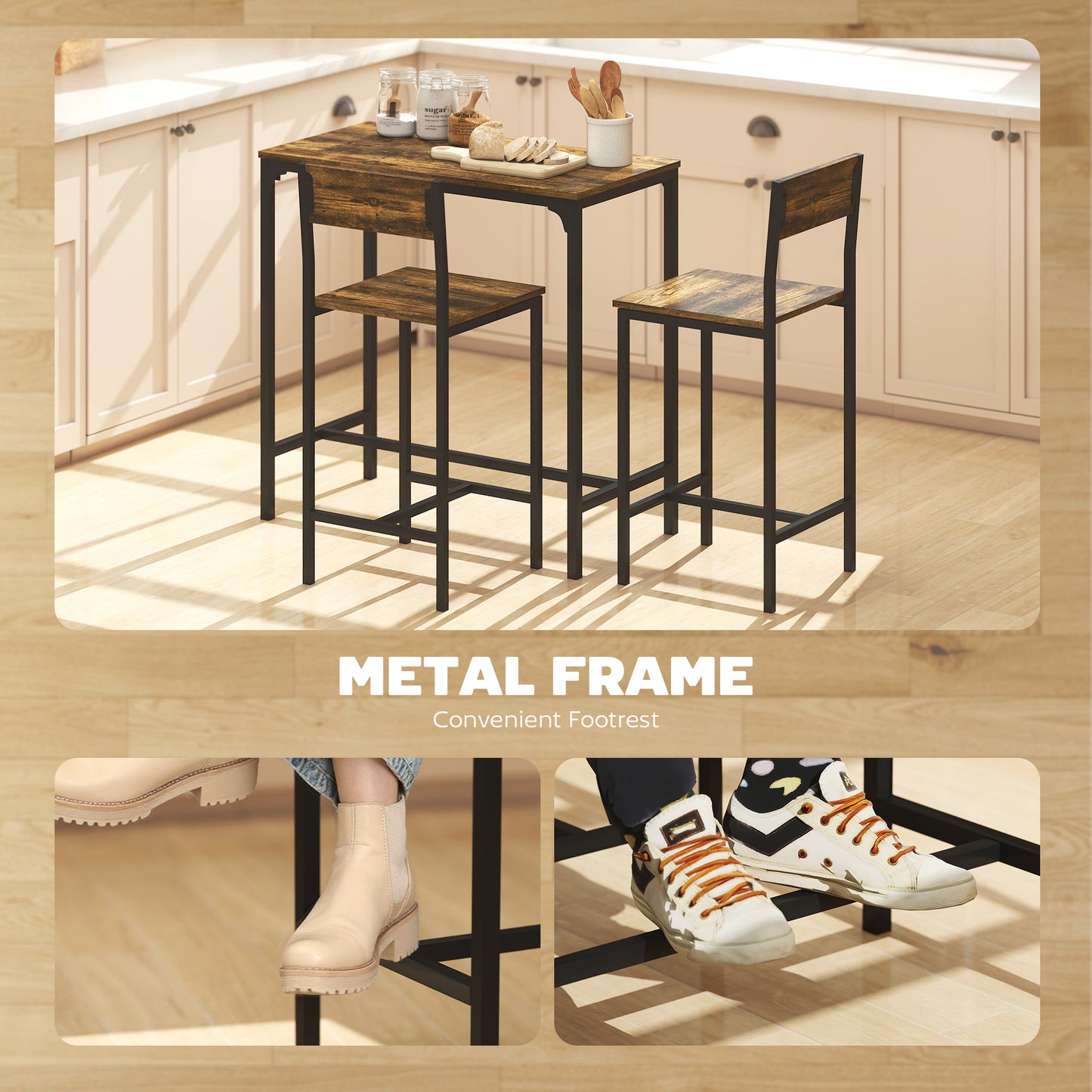 3-Piece Bar Table Set With 2 Stools, Industrial Breakfast Bar Set With Footrest, Backrest For Dining Room, Small Space