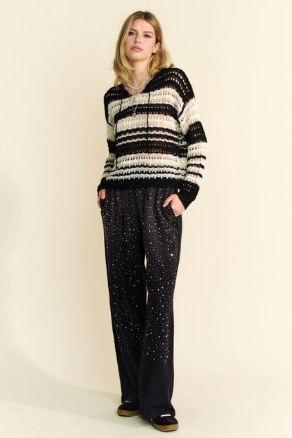 Back To School Sweater - Davi & Dani Contrast Striped Crochet Drop Shoulder Knit Cover Up
