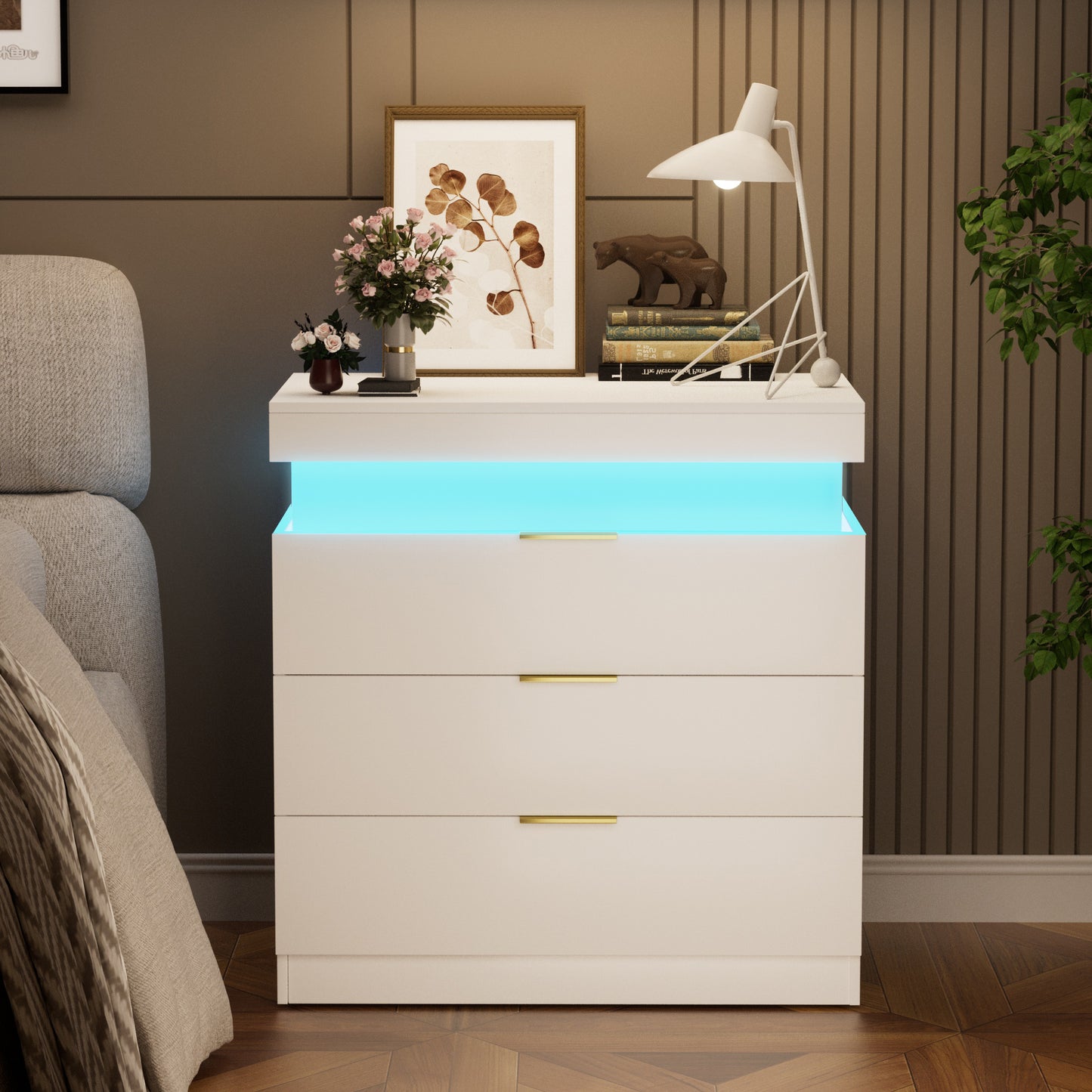 Nightstand With Charging Station And LED Lights,Night Stand With Sliding Top For Bedroom,Bedside Table With Drawers,Modern End Side Table,White.28.8 W X 17 D X 30.5 H.