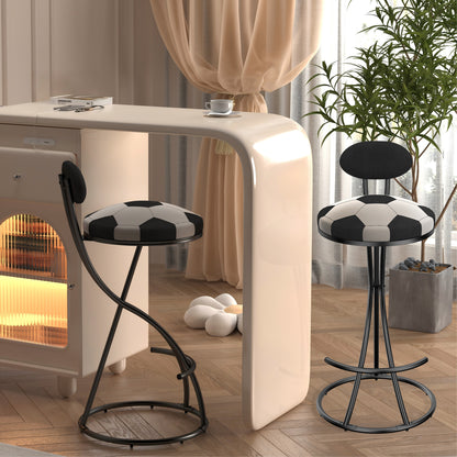 Upholstered S-shaped Barstools Set Of 2 Velvet Counter Bar Stools Football Print Round Dining Stool For Kitchen & Living Room Black Frame  Black Back