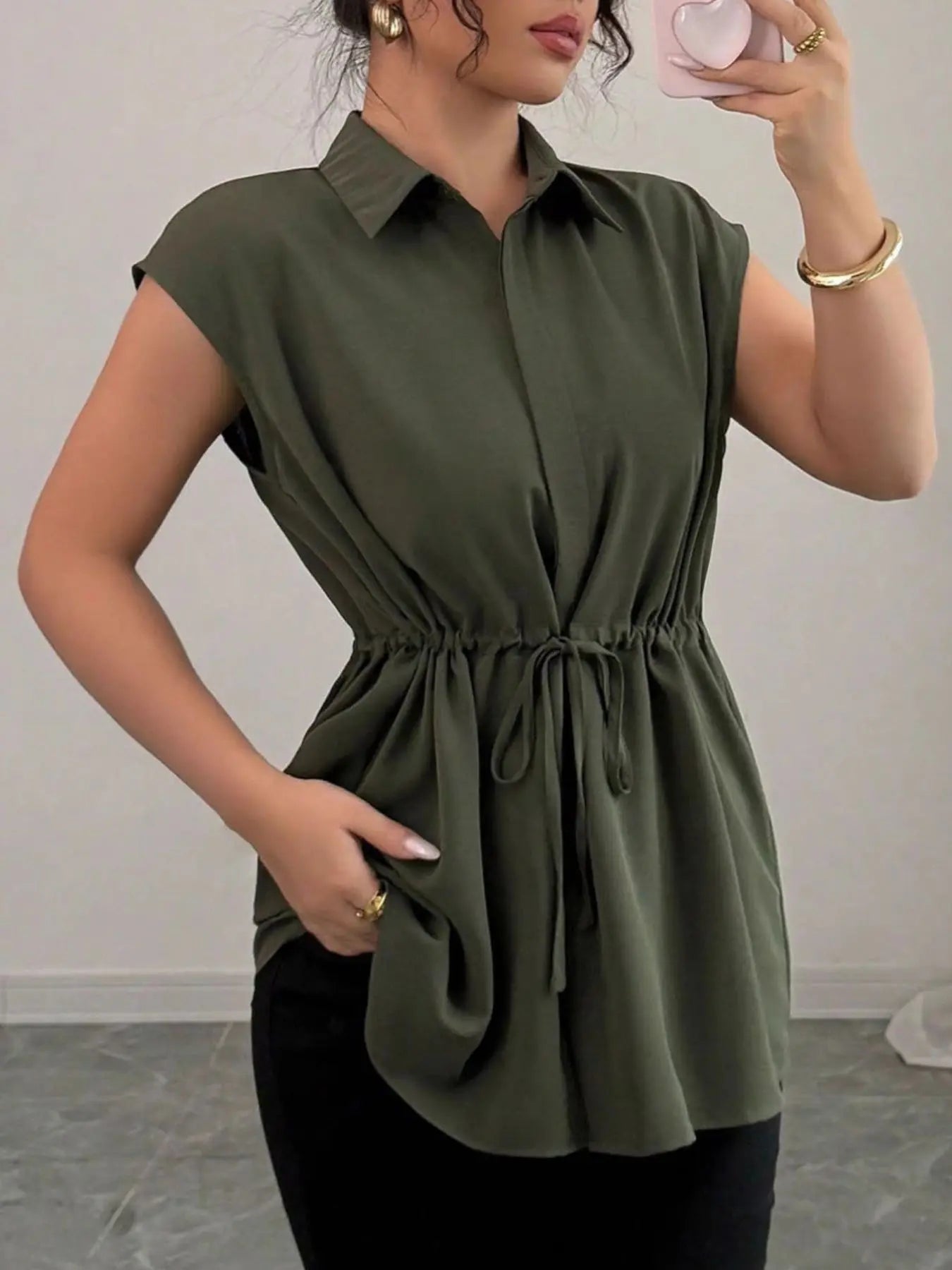 Drawstring Waist Cap Sleeve Shirt