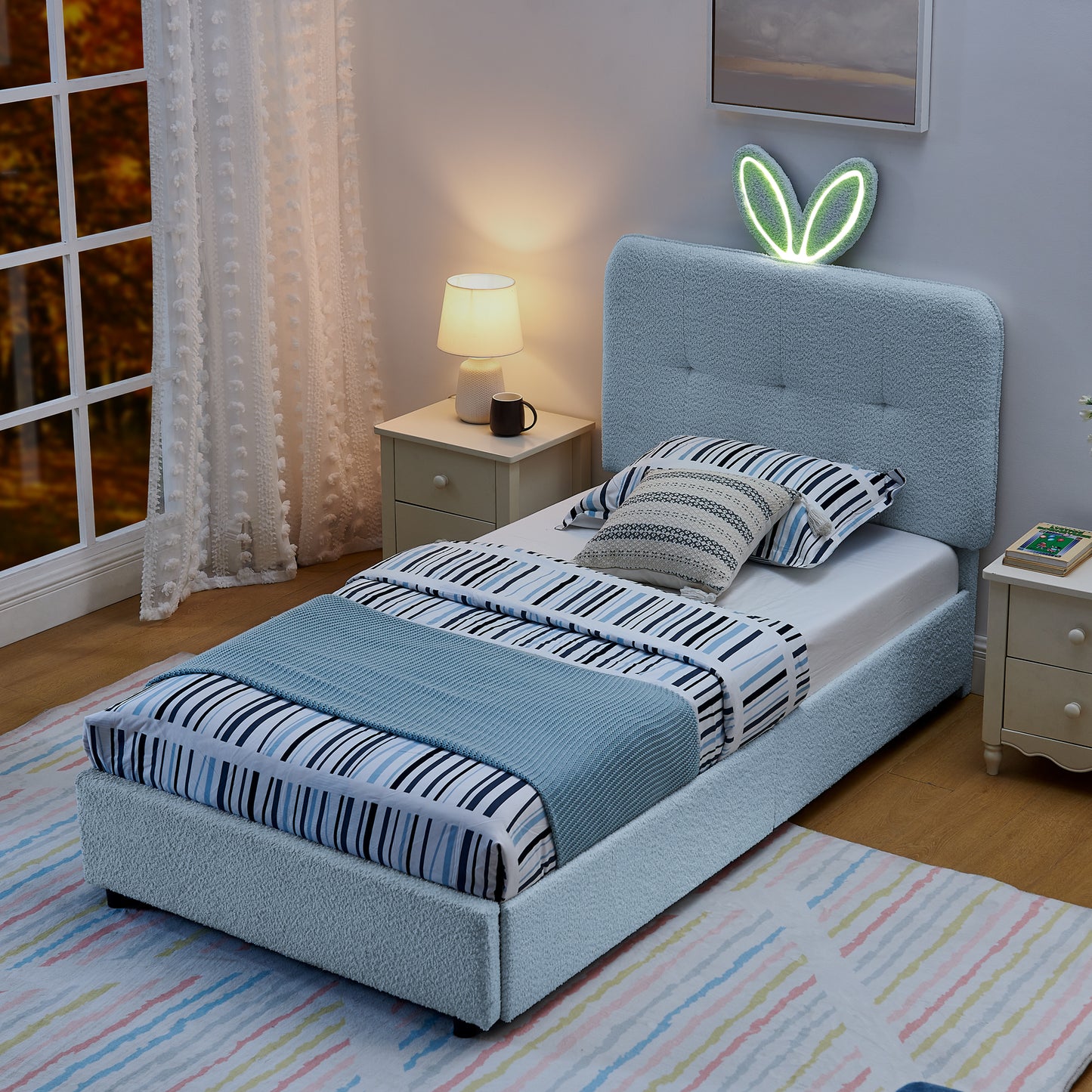 Twin Size Kids Upholstered Bed With Oversized Rabbit Ear Headboard, LED Light & 4 Storage Drawers, Boucle Fabric 79.5X40.75X41