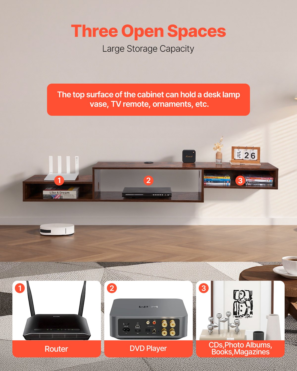 Floating TV Stand, 70" Wall Mount Entertainment Center With Power Outlet & Cable Hole, Modern Floating TV Shelf With Storage Cabinet For DVD Player, Cable Box, Game Console, TV Accessory, Wood