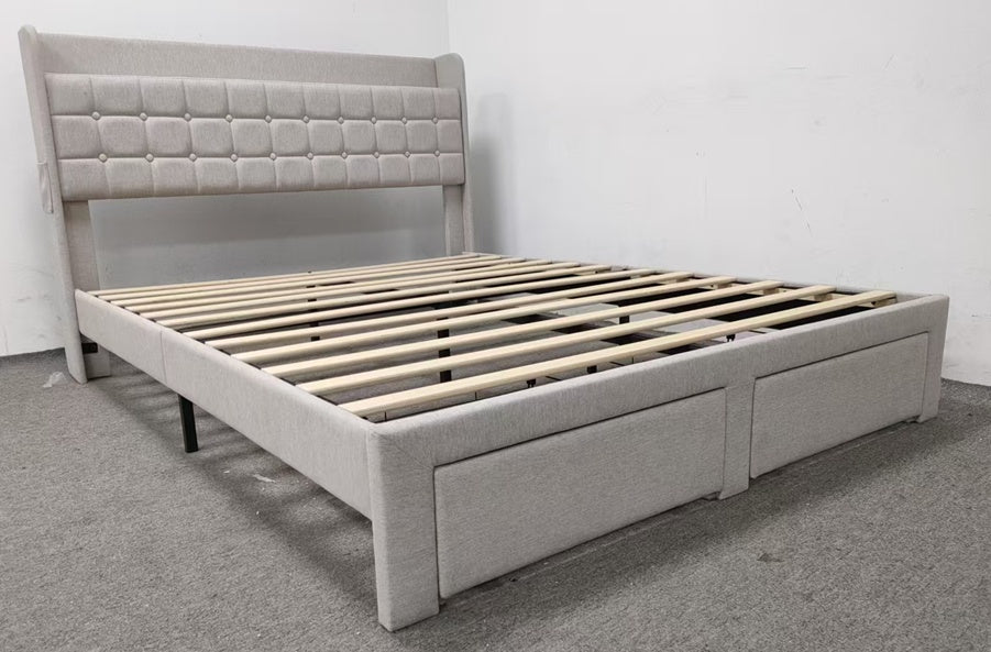 Upholstered Bed Frame With 2 Storage Drawers, Full Size,Platform Bed With Headboard And Sturdy Metal Frame,Beige