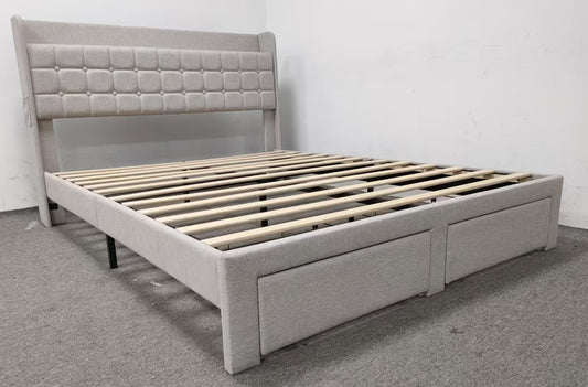 Upholstered Bed Frame With 2 Storage Drawers, Full Size,Platform Bed With Headboard And Sturdy Metal Frame,Beige