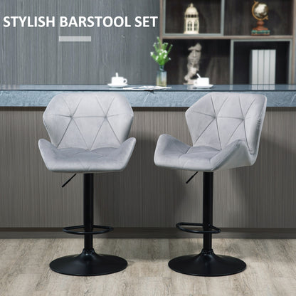 Bar Stools Set Of 2, Luxurious Velvet-Touch Barstools With Metal Frame Footrest Round Base Triangle Indenting Moulded Seat Adjustable Height Swivel Grey